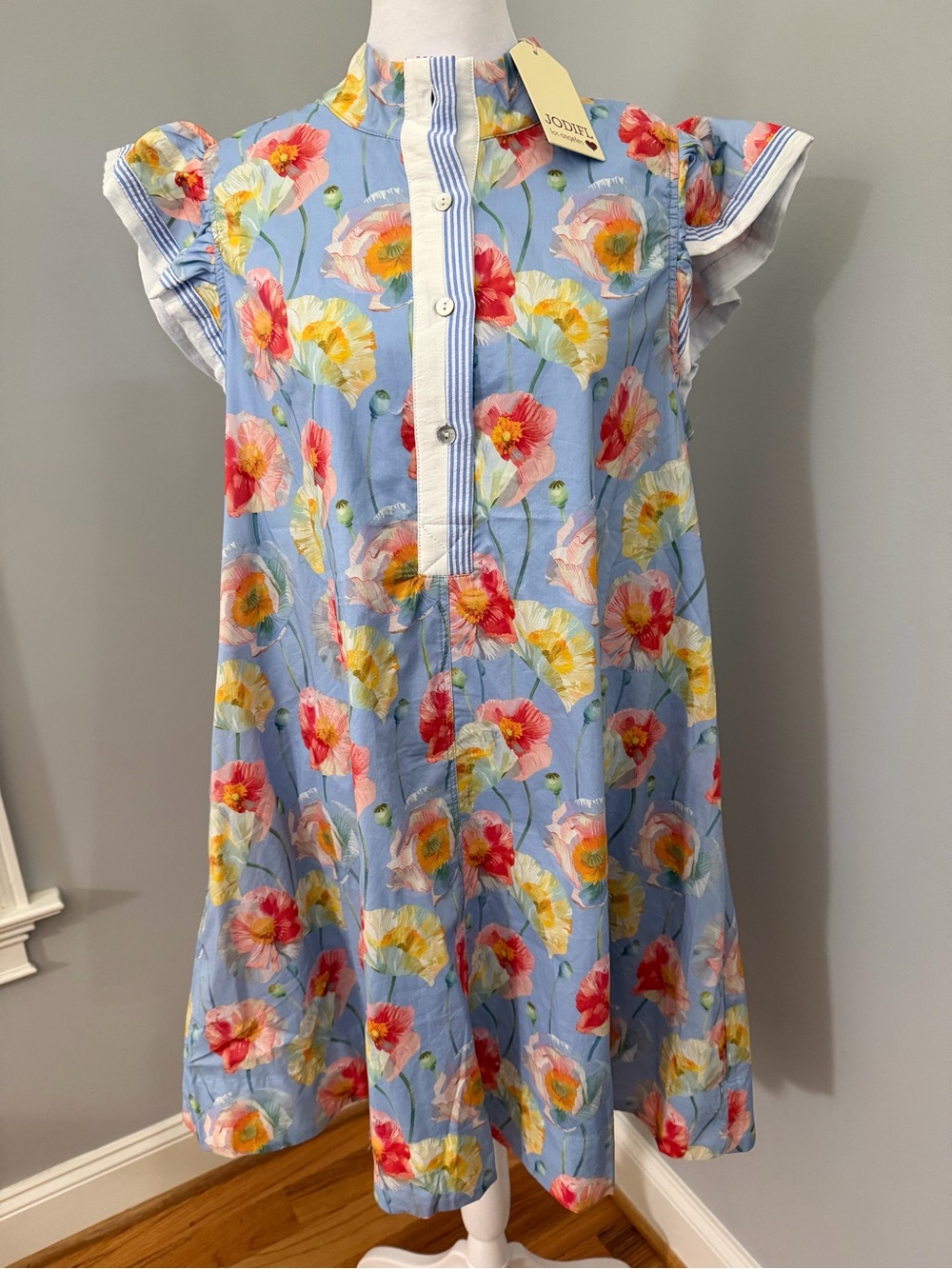 NWT JODIFL Boutique Size Large Blue Dress with Pink & Yellow Blooms